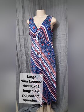 Nina Leonard Blue, Red & White Floral Stripe Maxi Dress